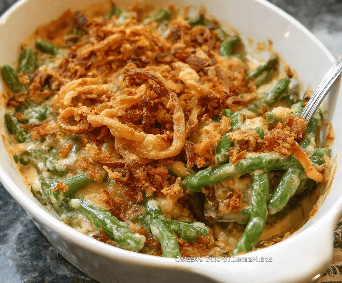 Delicious homemade green bean casserole topped with crispy fried onions, ready to serve