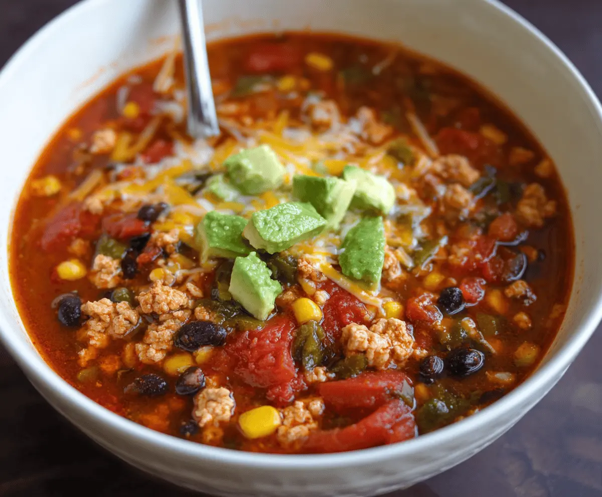 Hearty ground turkey taco soup with beans, corn, and fresh cilantro in a bowl, served with tortilla chips
