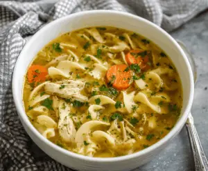 Delicious and comforting Instant Pot Chicken Noodle Soup in a bowl with tender chicken, noodles, vegetables, and fresh herbs, ready to serve.