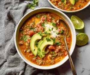 Keto Taco Soup in a bowl with ground beef, tomatoes, cheese, and fresh herbs, perfect for low-carb dieting