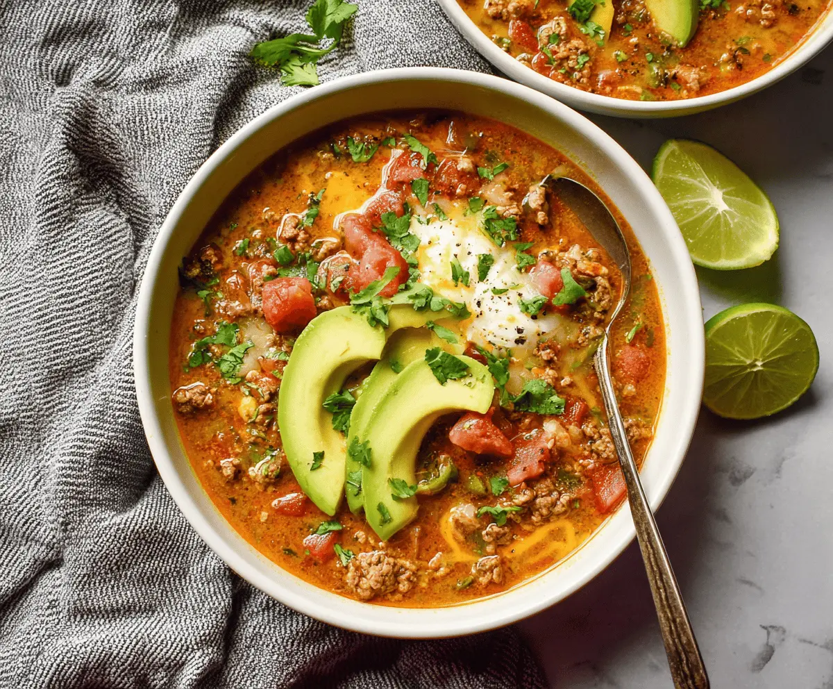 Keto Taco Soup in a bowl with ground beef, tomatoes, cheese, and fresh herbs, perfect for low-carb dieting