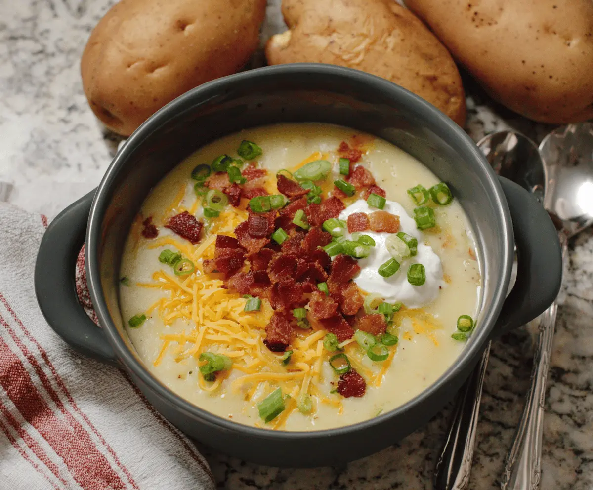 Creamy loaded baked potato soup topped with shredded cheese, crispy bacon bits, chopped green onions, and a dollop of sour cream in a rustic bowl.