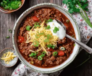 Delicious low-carb chili served in a bowl with fresh toppings and garnishes, perfect for a healthy, hearty meal