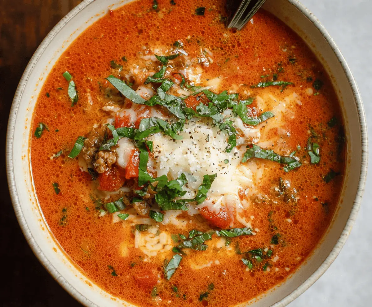 A steaming bowl of low-carb lasagna soup topped with melted cheese, fresh basil, and a slice of zucchini noodles, showcasing a hearty and healthy Italian-inspired meal.