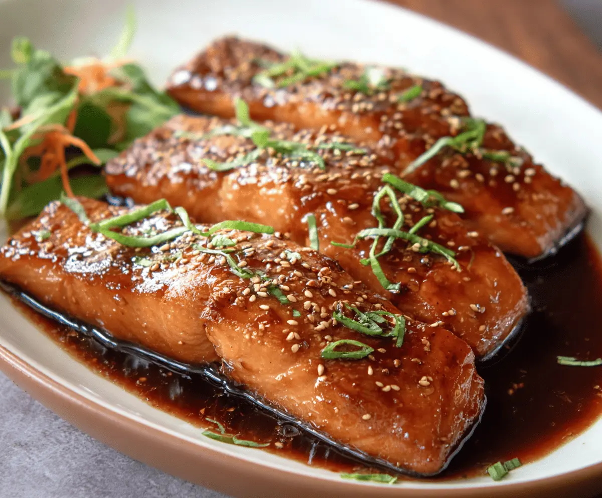 Delicious Maple Glazed Salmon fillet topped with fresh herbs, served on a white plate with a side of roasted vegetables, perfect for a healthy dinner