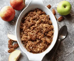 Delicious Maple Pecan Apple Crisp topped with golden pecans and served with a scoop of vanilla ice cream on a rustic plate