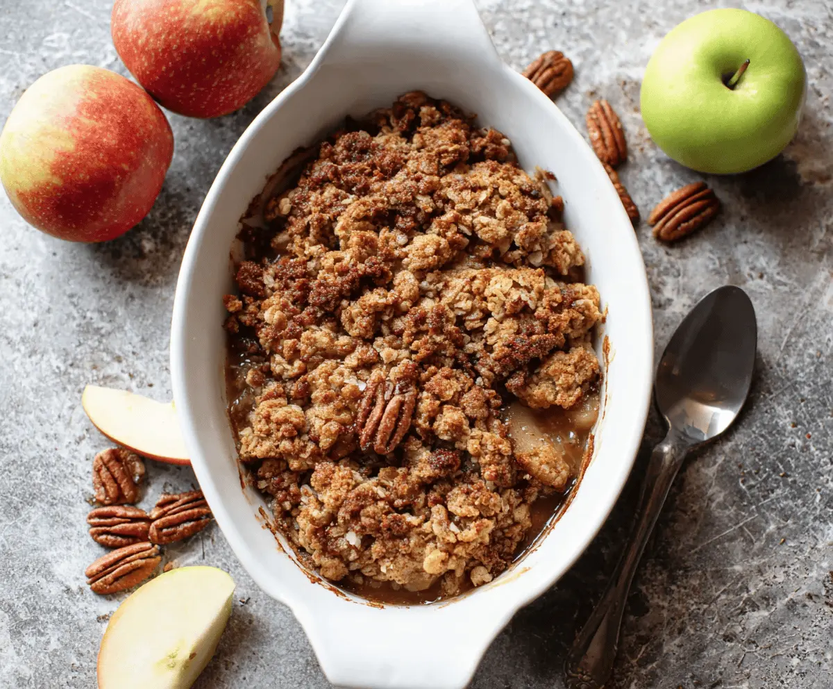 Delicious Maple Pecan Apple Crisp topped with golden pecans and served with a scoop of vanilla ice cream on a rustic plate