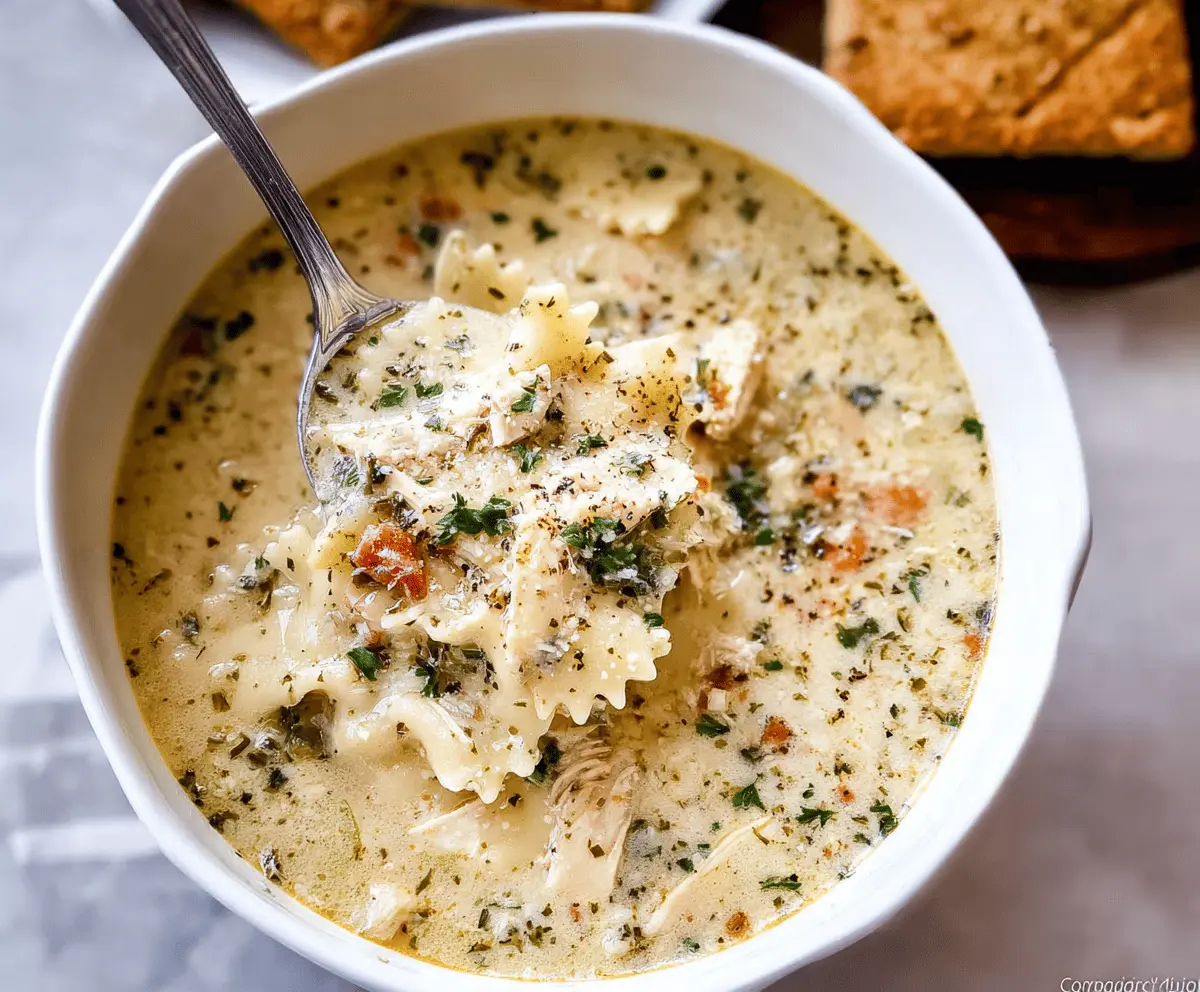 Creamy One-Pot White Chicken Lasagna Soup in a bowl with shredded chicken, pasta, spinach, and melted cheese