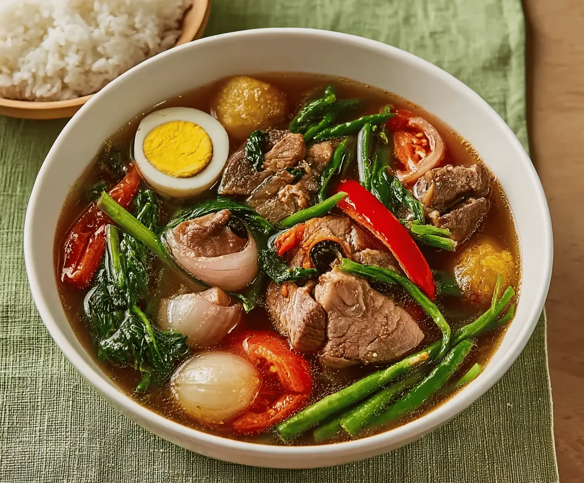 A delicious bowl of Pork Sinigang, a Filipino sour tamarind soup with tender pork, vegetables, and flavorful broth.