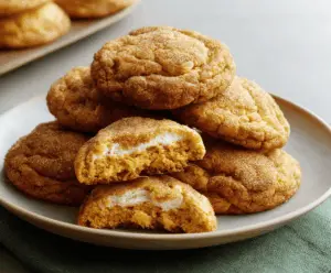 Delicious homemade pumpkin cheesecake cookies with creamy filling and spiced crust on a baking sheet