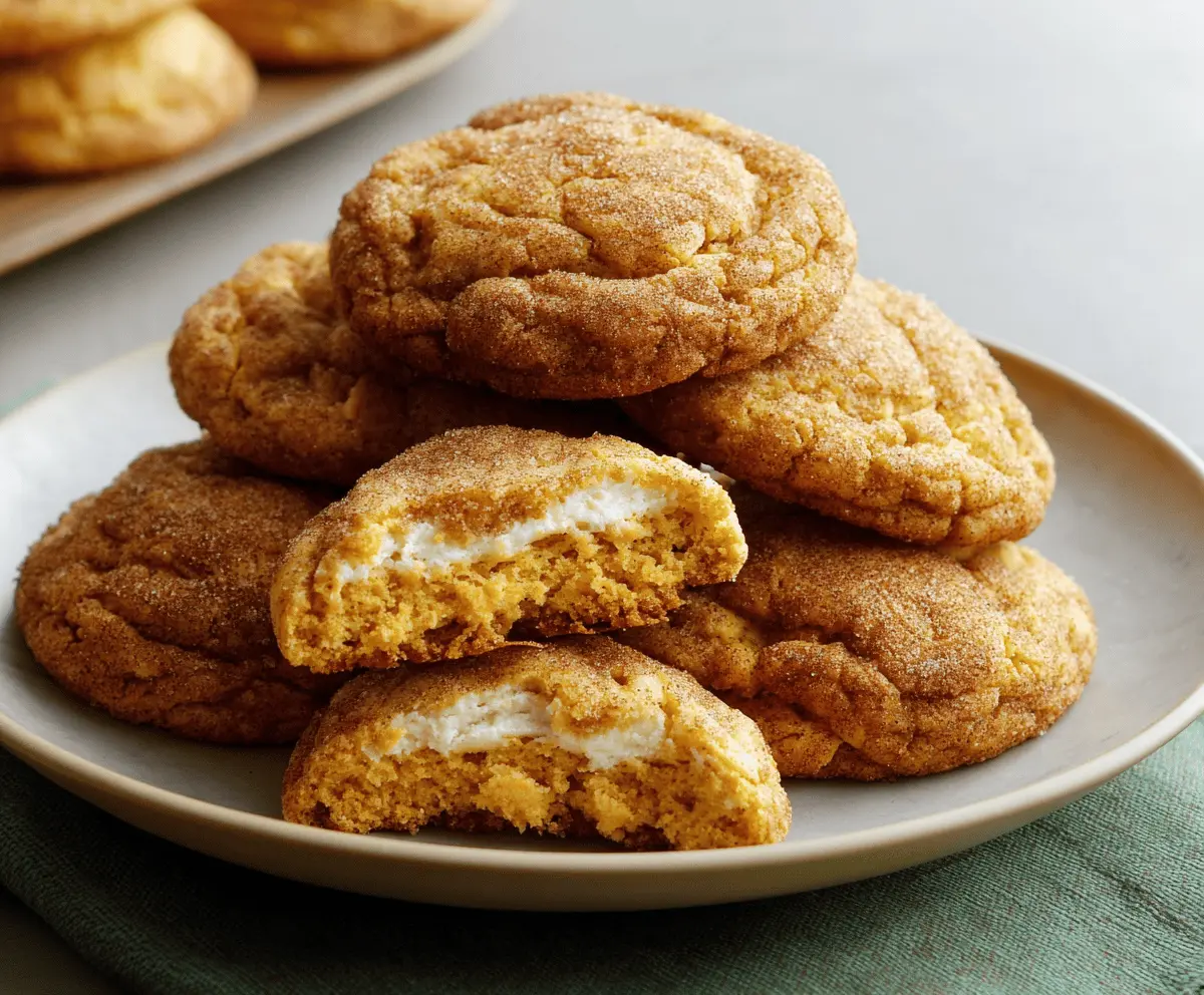 Delicious homemade pumpkin cheesecake cookies with creamy filling and spiced crust on a baking sheet