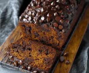Delicious homemade pumpkin chocolate bread topped with chocolate chips, perfect for fall baking and festive treats.