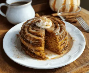 Delicious pumpkin cinnamon roll pancakes topped with cream cheese glaze, perfect for fall breakfast enjoyment