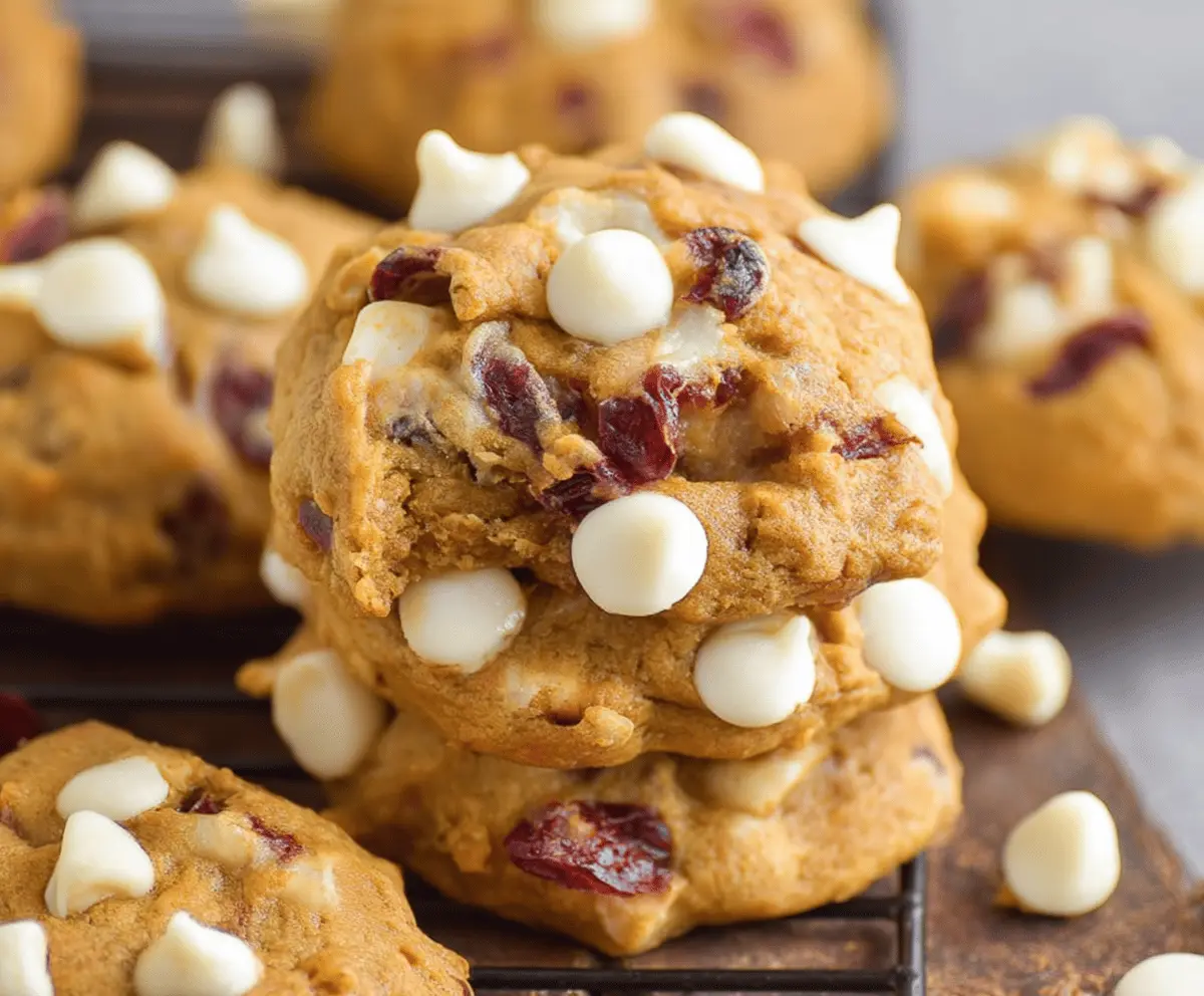 Delicious Pumpkin Cranberry White Chocolate Cookies with gooey white chocolate chunks, tart cranberries, and warm spices on a rustic baking sheet