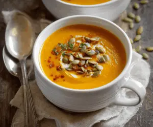 Creamy homemade pumpkin soup served in a bowl, topped with fresh herbs and a swirl of cream, perfect for fall comfort food.