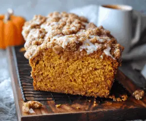 Freshly baked Pumpkin Streusel Bread topped with a crunchy streusel crust, sliced to reveal a moist, spiced pumpkin interior perfect for autumn baking.