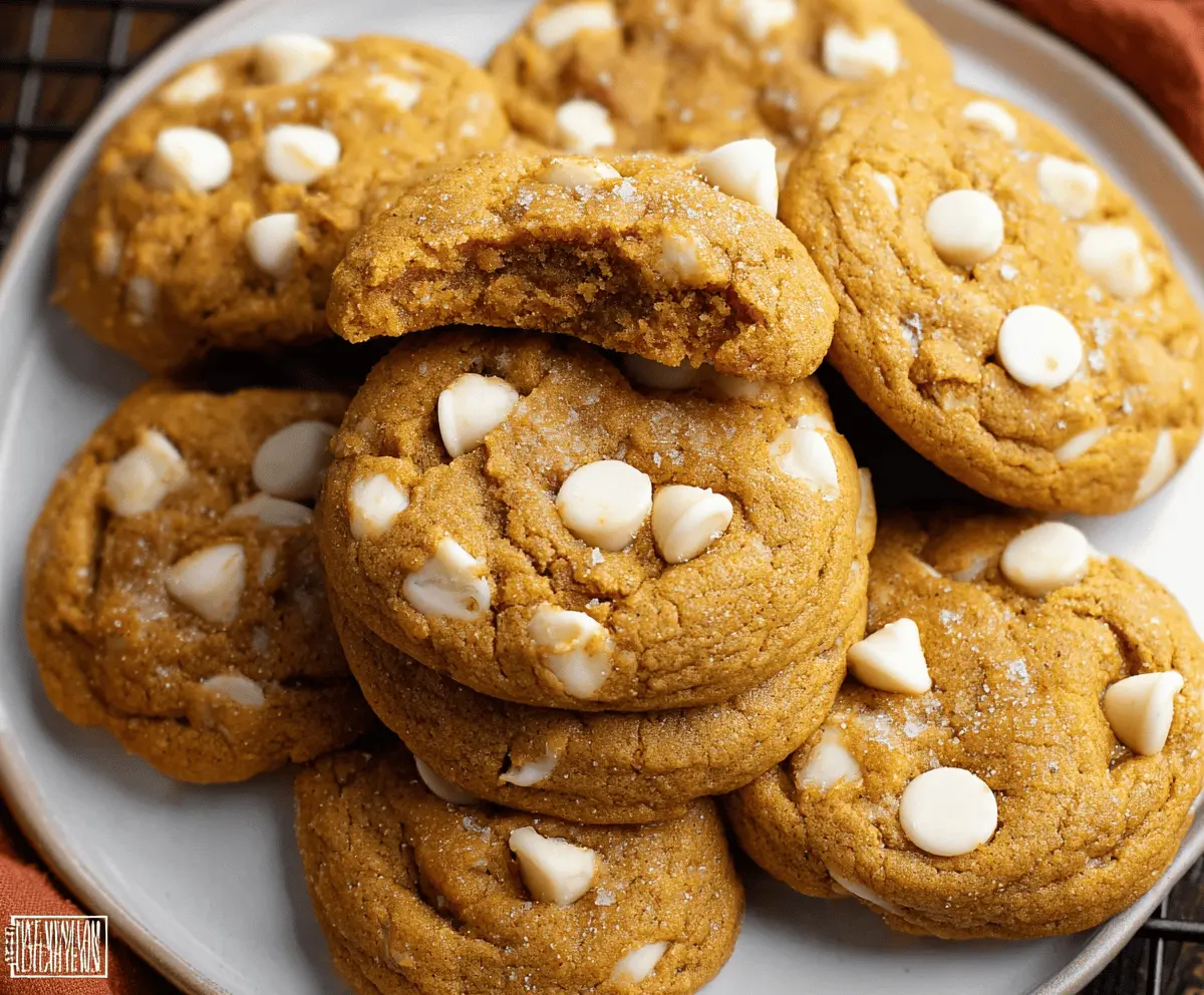 Delicious homemade pumpkin white chocolate chip cookies on a plate, featuring soft cookies with white chocolate chips and a hint of pumpkin flavor.