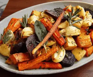 Colorful roasted root vegetables featuring carrots, parsnips, sweet potatoes, and beets, seasoned and baked to perfection on a rustic wooden surface.