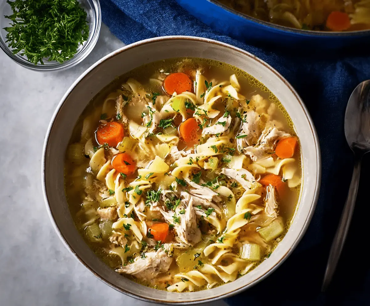 Creamy rotisserie chicken noodle soup in a bowl with fresh herbs and vegetables, perfect for comforting homemade comfort food.