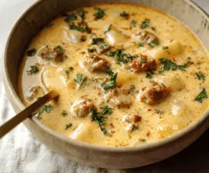 A steaming bowl of sausage potato soup with sliced sausage, diced potatoes, and fresh herbs, served in a white bowl on a rustic wooden table.