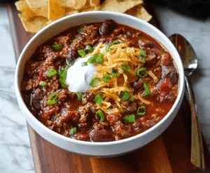 Hearty slow cooker chili topped with shredded cheese, fresh cilantro, and chopped onions in a rustic bowl.