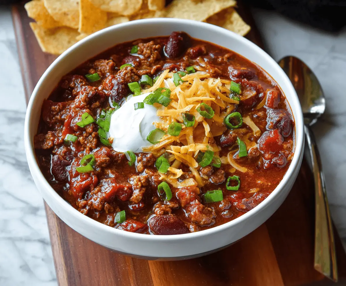 Hearty slow cooker chili topped with shredded cheese, fresh cilantro, and chopped onions in a rustic bowl.