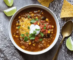Delicious slow cooker taco soup with ground beef, beans, corn, and shredded cheese in a bowl ready to serve