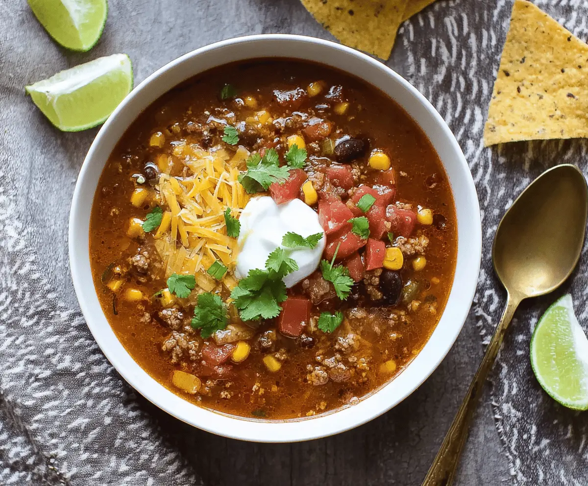 Delicious slow cooker taco soup with ground beef, beans, corn, and shredded cheese in a bowl ready to serve