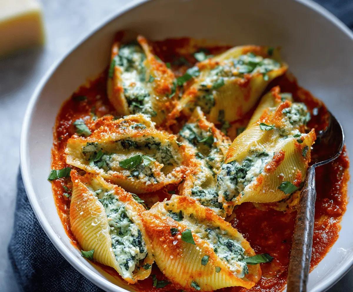 Delicious spinach and ricotta stuffed pasta shells baked to perfection, garnished with melted cheese and fresh herbs, served on a white plate.