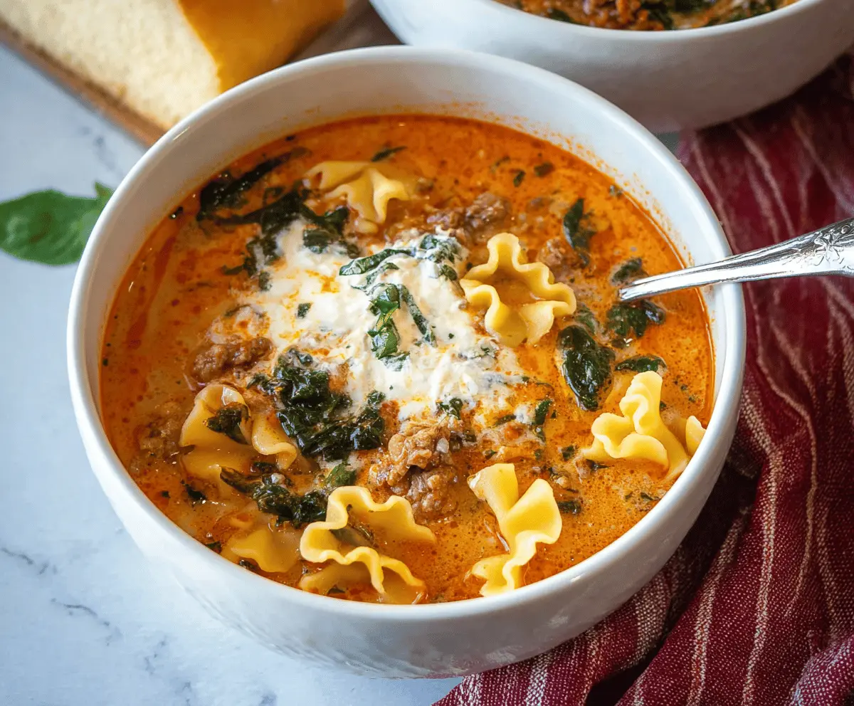 Creamy Spinach Ricotta Lasagna Soup in a bowl with fresh herbs and melted cheese, perfect for a comforting Italian-inspired meal