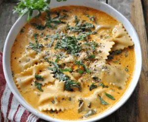 Delicious vegetarian creamy lasagna soup in a bowl topped with melted cheese, fresh herbs, and pasta, served with garlic bread on the side.