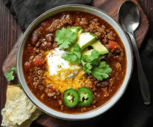 Hearty venison chili topped with fresh herbs and shredded cheese in a rustic bowl, perfect for a warming meal.