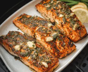 Delicious air fryer garlic butter salmon fillet garnished with fresh herbs on a white plate, ready to serve