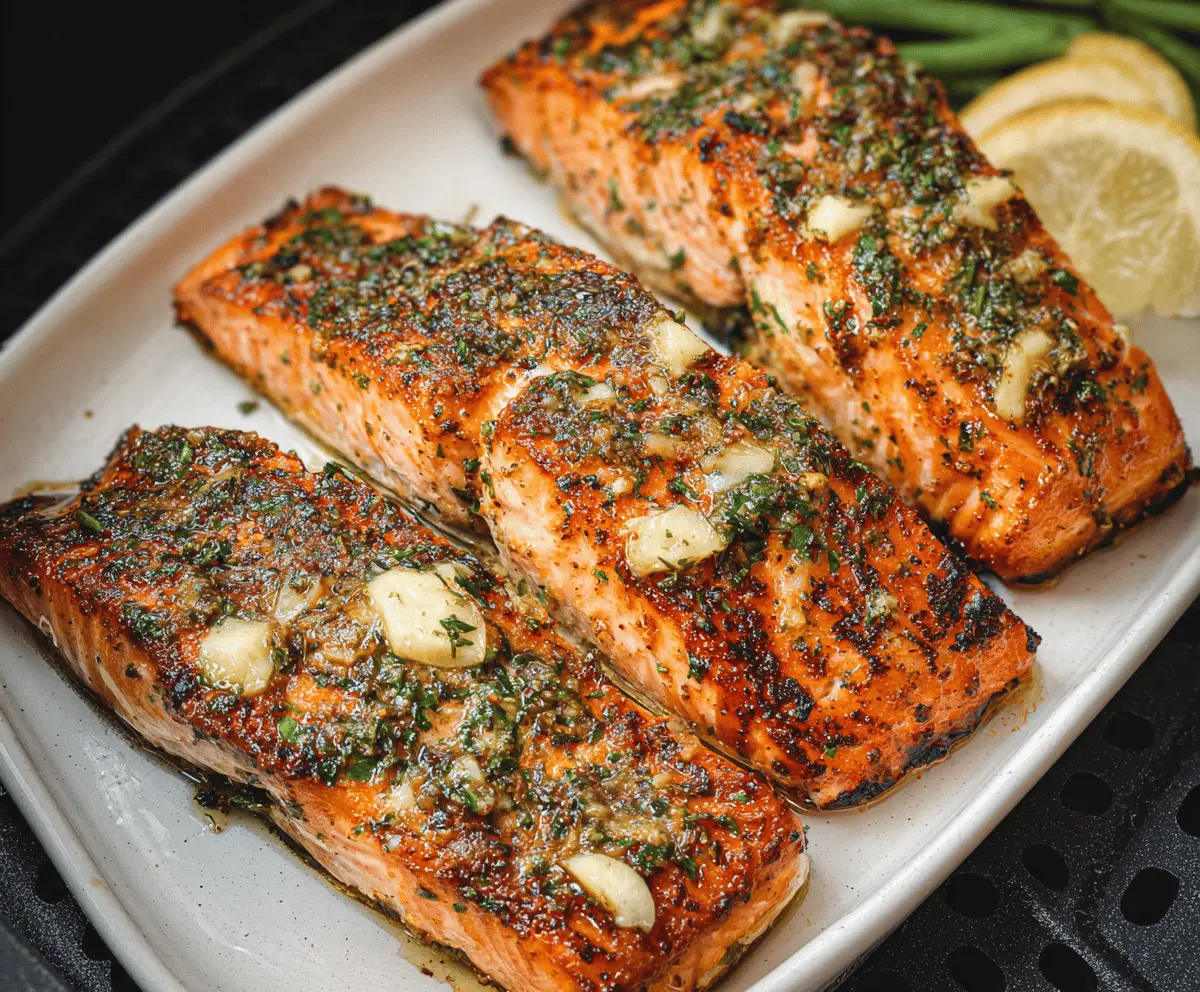 Delicious air fryer garlic butter salmon fillet garnished with fresh herbs on a white plate, ready to serve