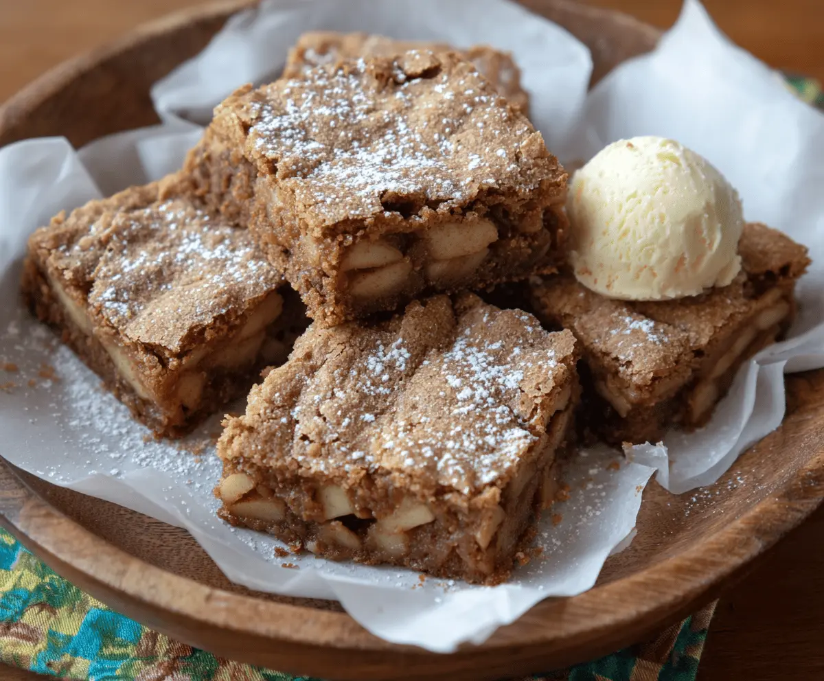Delicious homemade apple brownies dessert with a fudgy chocolate base topped with fresh apple slices and cinnamon for a perfect fall treat