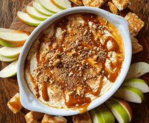 Creamy apple cheesecake dip topped with caramel drizzle, served with fresh apple slices for a delicious dessert or snack.