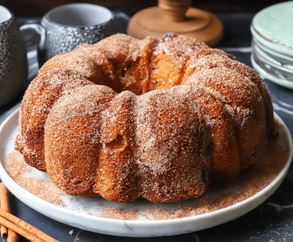 Delicious Apple Cider Donut Bundt Cake topped with cinnamon sugar glaze, perfect for fall desserts