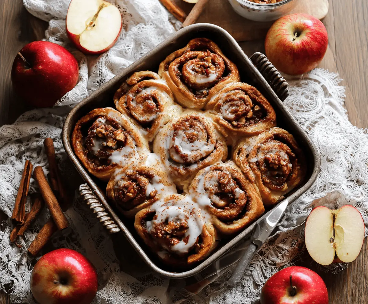 Delicious homemade apple cinnamon rolls topped with icing, featuring fresh apple slices and a warm cinnamon-spiced filling on a rustic wooden table.