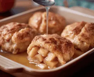 Delicious homemade apple dumplings with golden crust and warm apple filling served on a plate.