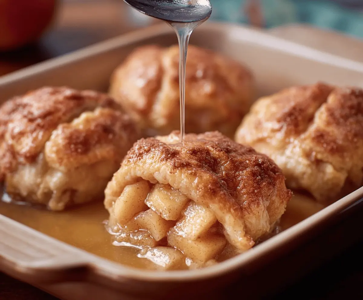 Delicious homemade apple dumplings with golden crust and warm apple filling served on a plate.
