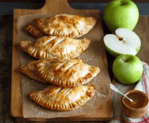 Fresh apple hand pies with golden pastry crust on a rustic wooden table.