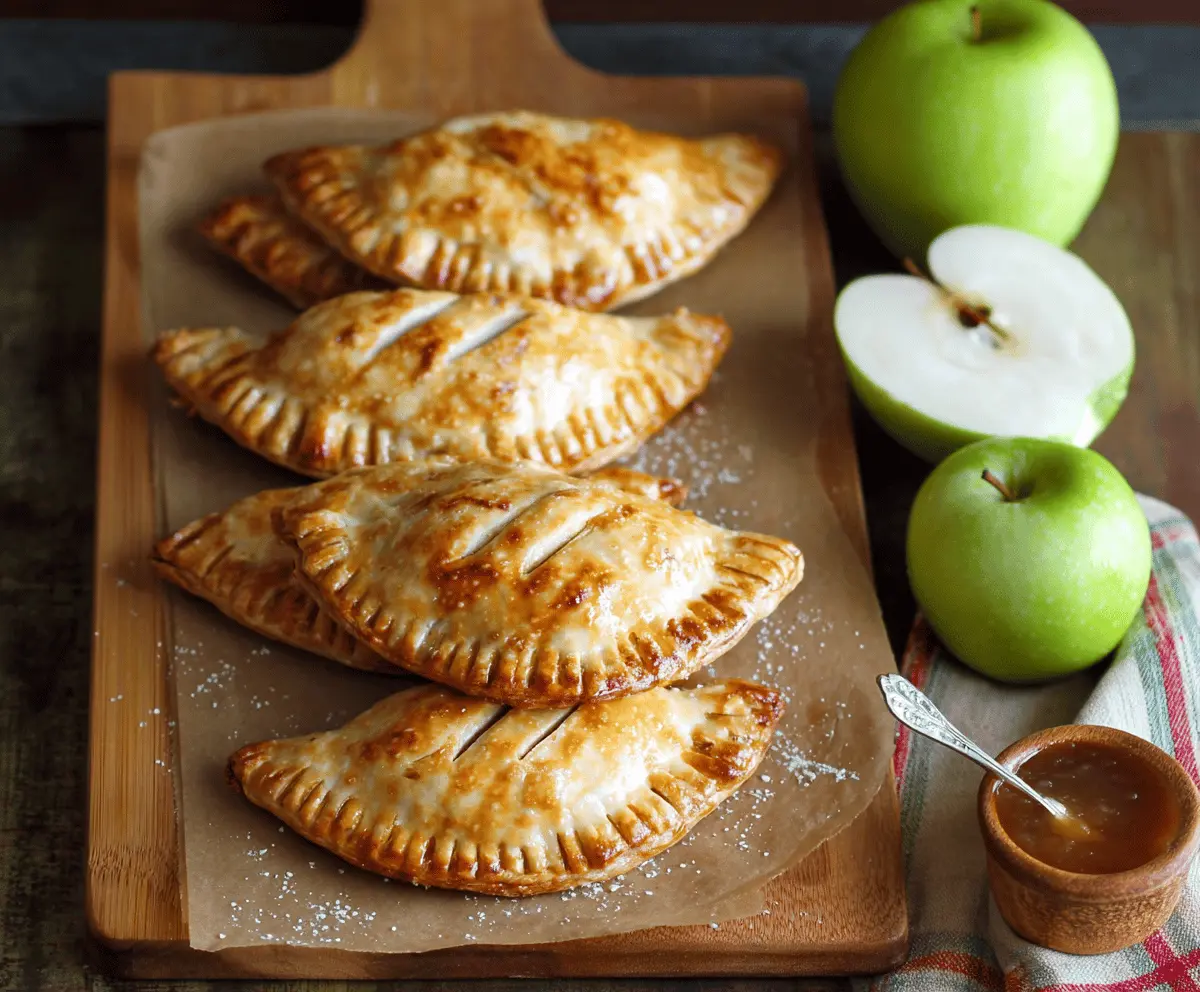 Fresh apple hand pies with golden pastry crust on a rustic wooden table.