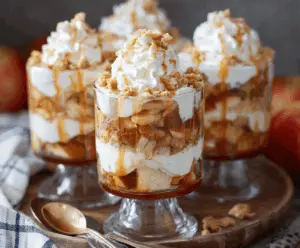 Delicious Apple Pie Trifle layered with spiced apple filling, vanilla pudding, and whipped cream in a clear glass bowl