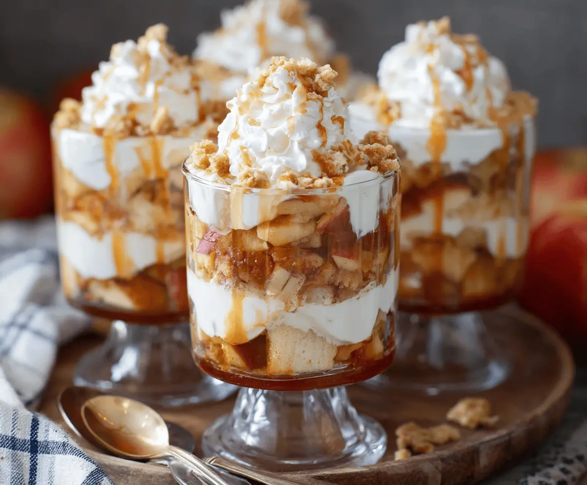 Delicious Apple Pie Trifle layered with spiced apple filling, vanilla pudding, and whipped cream in a clear glass bowl