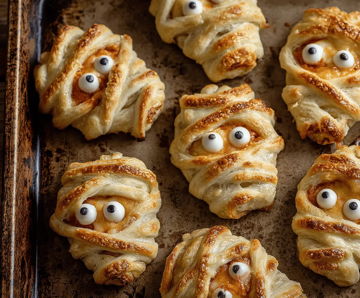 Delicious baked cheese mummies with spooky olive eyes on a baking tray, perfect for Halloween snacks