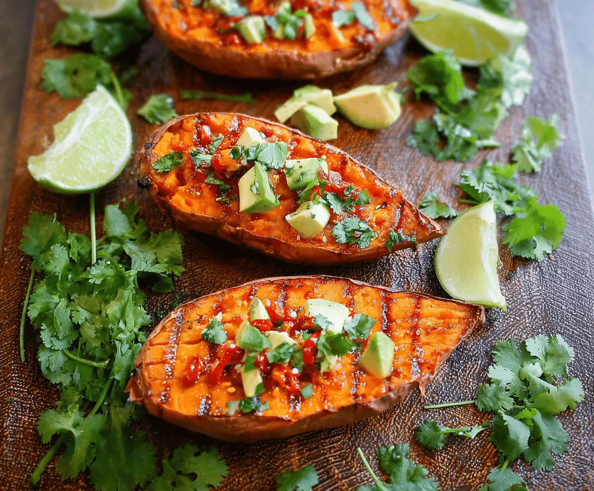 Delicious baked honey chili sweet potato topped with fresh herbs and crispy edges, served on a white plate.
