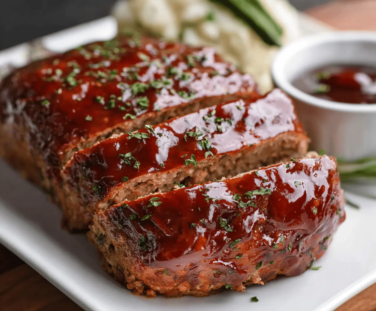 Juicy BBQ glazed meatloaf garnished with fresh herbs on a rustic wooden table.