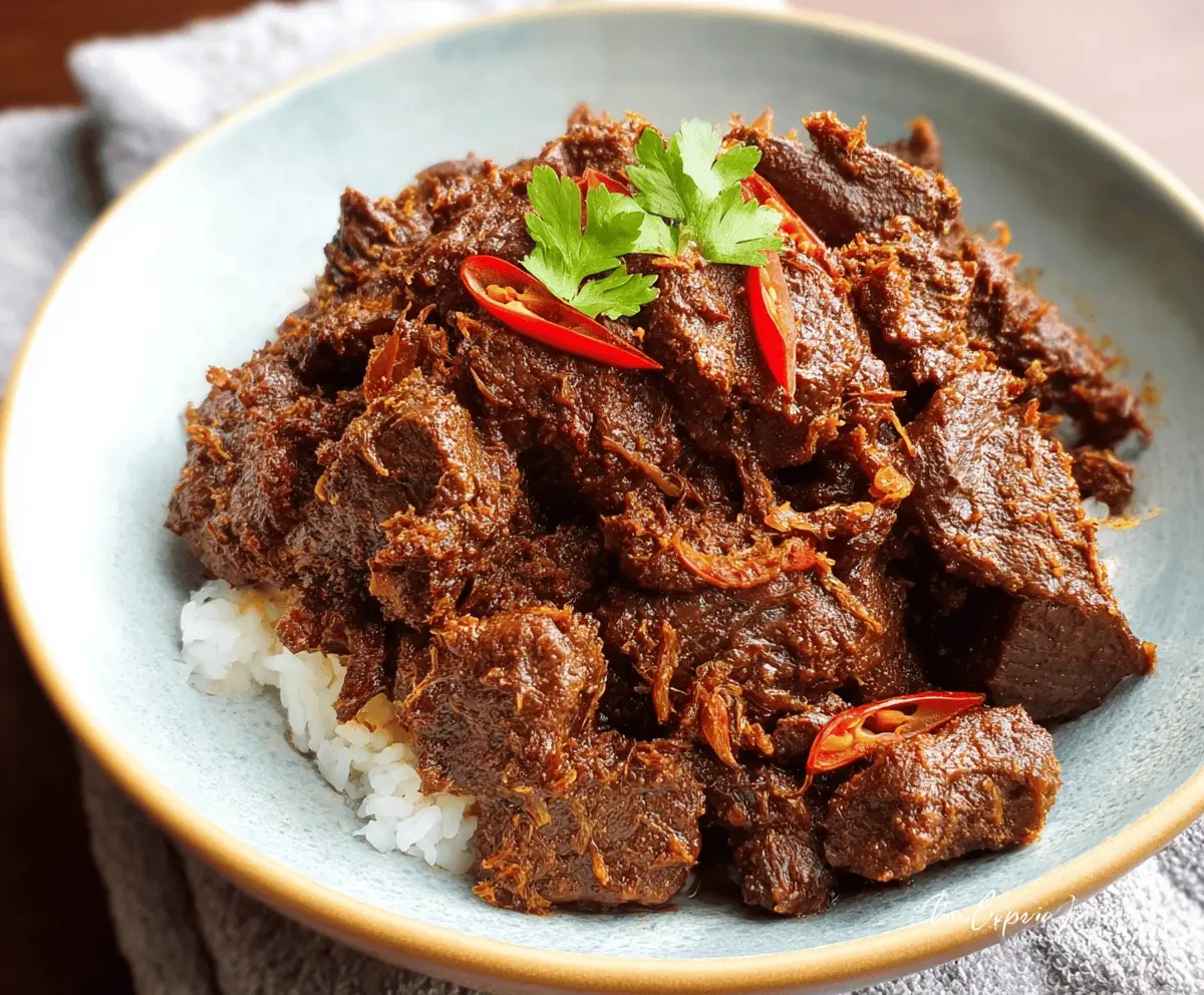 Delicious homemade Beef Rendang featuring tender beef simmered in rich coconut milk and aromatic spices, served with steamed rice.