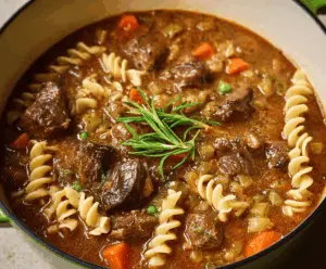 Hearty beef stew with tender beef chunks, vegetables, and noodles in a savory broth, served in a rustic bowl.