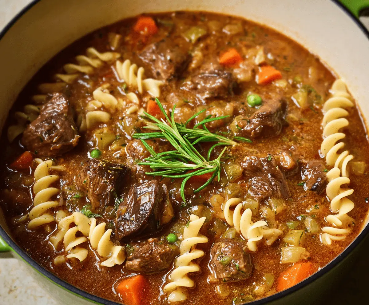 Hearty beef stew with tender beef chunks, vegetables, and noodles in a savory broth, served in a rustic bowl.